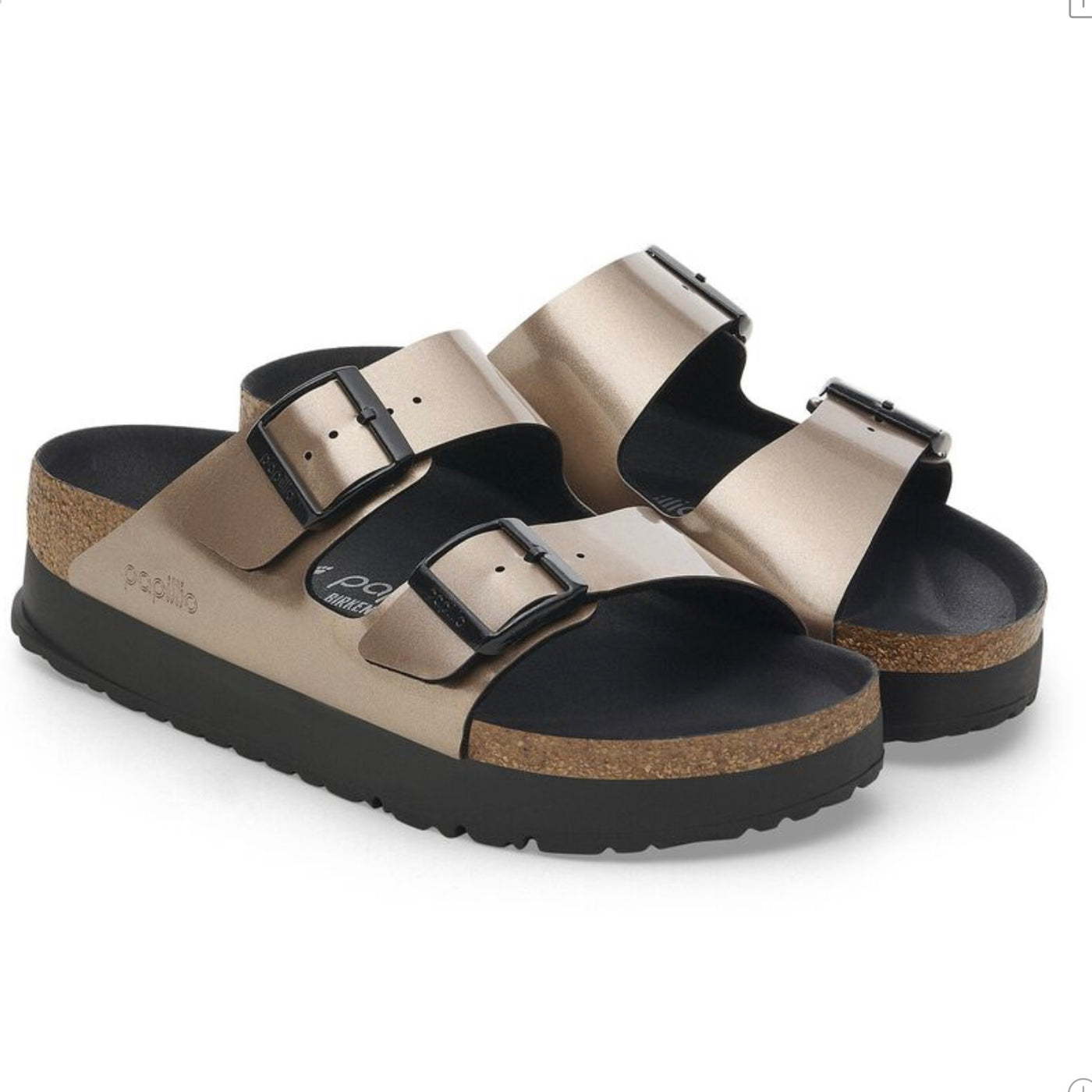 Birkenstock Papillio Arizona Pap Flex Platform Electric Metallic Taupe Little Rascals Boutique