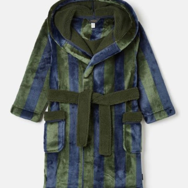 Joules Montague green & blue stripe fleece dressing gown - AW24/25